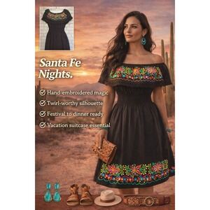 VINTAGE AUTHENTIC MEXICAN Embroidered Off Shoulder Smocked Waist Boho Dress M